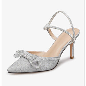 NEW Silver Rhinestone Wedding Slingback Low Kitten Heels 12
